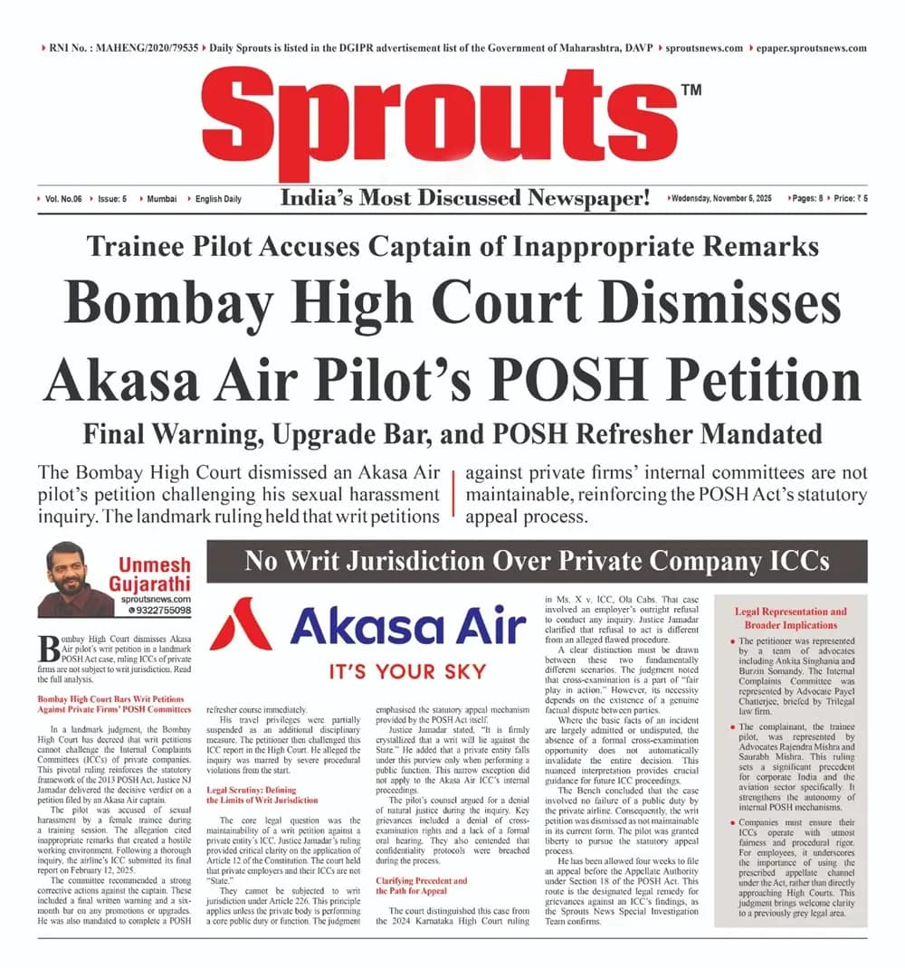Bombay HC Dismisses Akasa Air Pilot’s Sexual Harassment Plea.